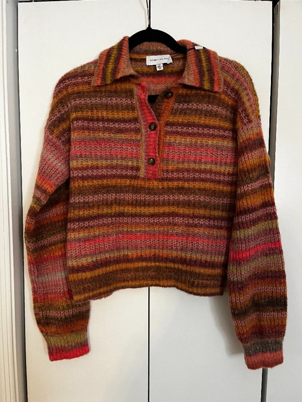 Something Navy Polo Sweater Pink Brown Striped Knit Wool Alpaca Mohair Size XS